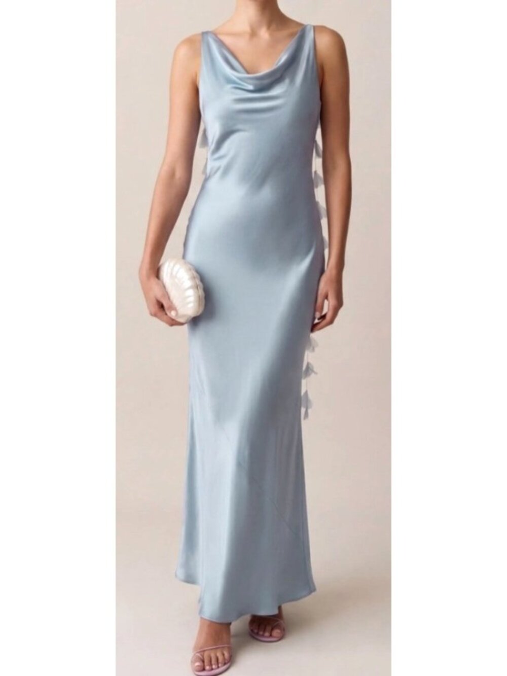 O.P.T. Women's Sz XS Ingrid Light Blue Maxi Dress With Floral Tassels & Open Bac